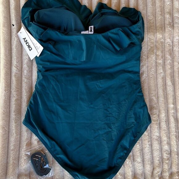 DKNY Ruffle Bandeau One-Piece Swimsuit Teal Blue Green Size L NWT - Picture 6 of 6